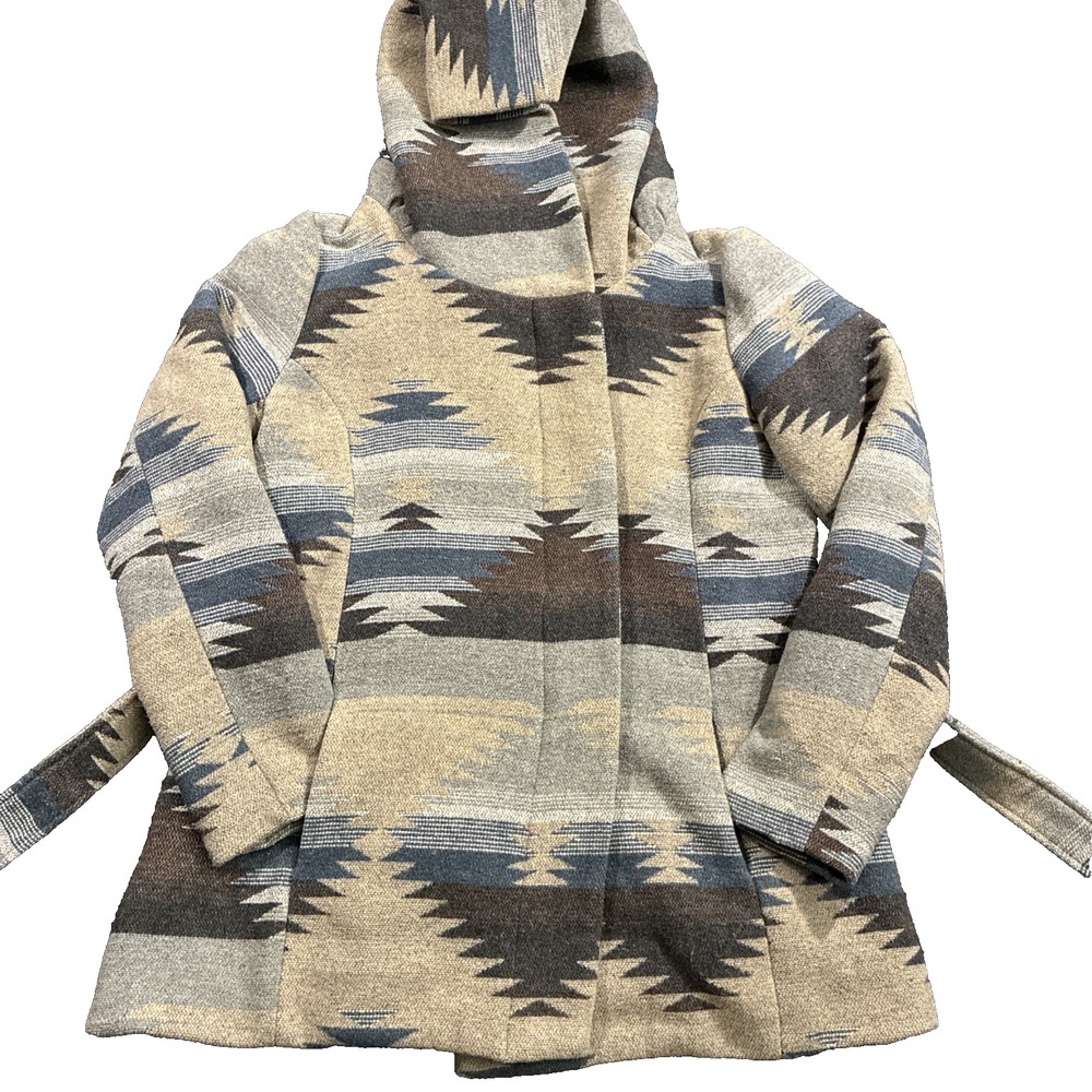 Mossimo Supply Co Hooded Coat Women L Tan Aztec Southwestern Belted Boho Jacket